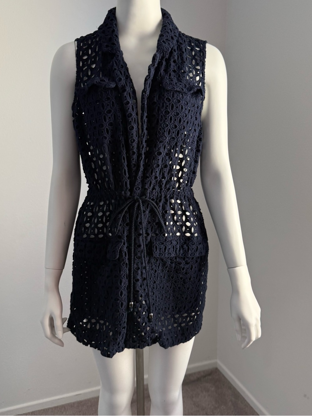 Chico’s Navy Crochet Eyelet Sleeveless Vest Duster Tie Waist Size 0